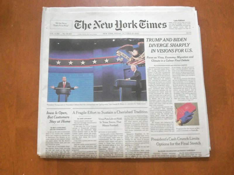2020 OCTOBER 23 NEW YORK TIMES-TRUMP AND BIDEN DIVERGE SHARPLY IN VISIONS FOR US