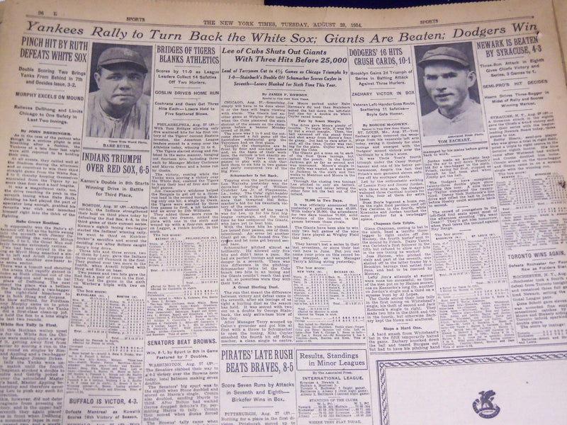1934 AUGUST 28 NEW YORK TIMES - RUTH PINCH HIT BEATS SOX - NT 3990