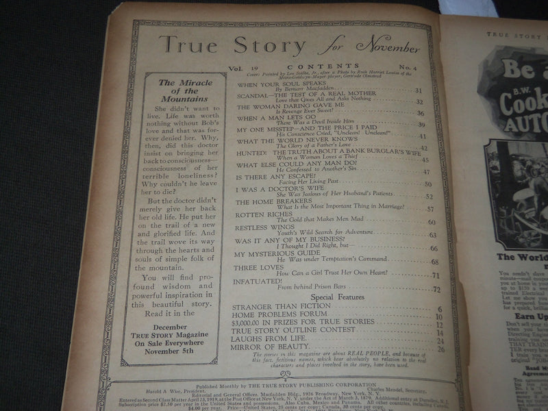 1928 NOVEMBER TRUE STORY MAGAZINE - GERTRUDE OLMSTEAD COVER- J 2827