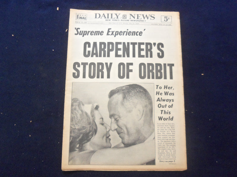 1962 MAY 28 NEW YORK DAILY NEWS NEWSPAPER - CARPENTER'S STORY OF ORBIT - NP 6762