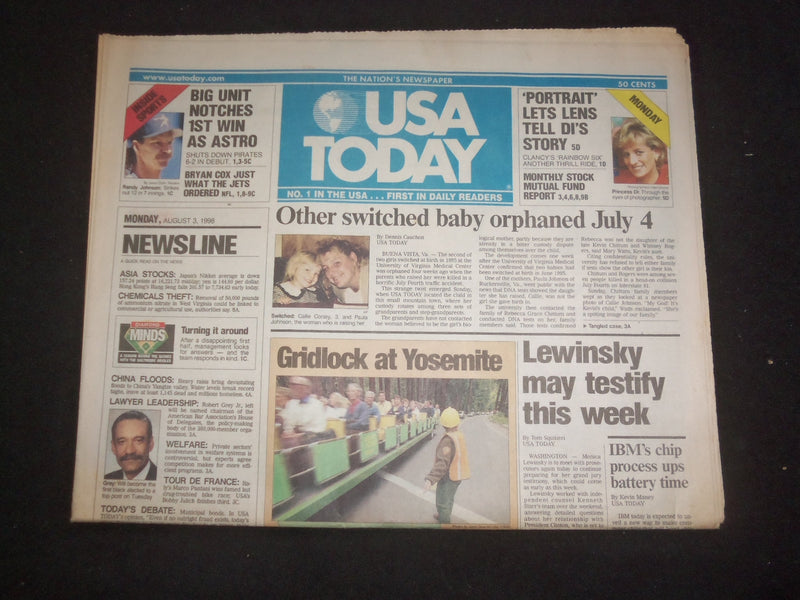 1998 AUGUST 3 USA TODAY NEWSPAPER - LEWINSKY MAY TESTIFY THIS WEEK - NP 7943