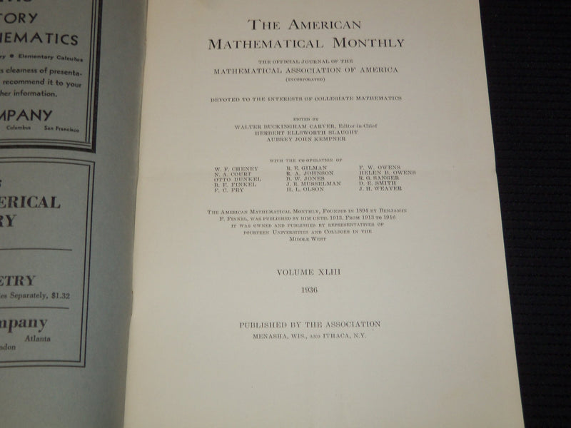 1936 THE AMERICAN MATHEMATICAL MONTHLY MAGAZINE LOT OF 12 - COMPLETE YR- WR 277C