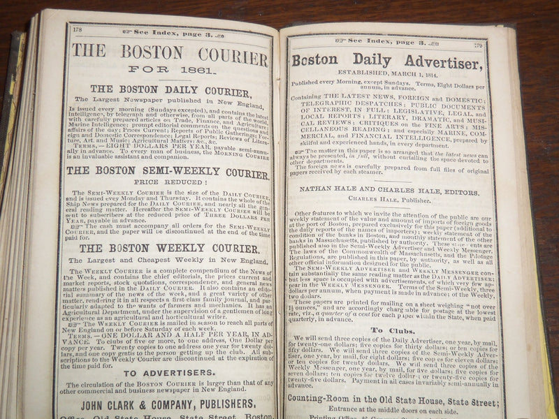 1861 THE BOSTON ALMANAC W/ FOLD OUT MAP - 3 3/8