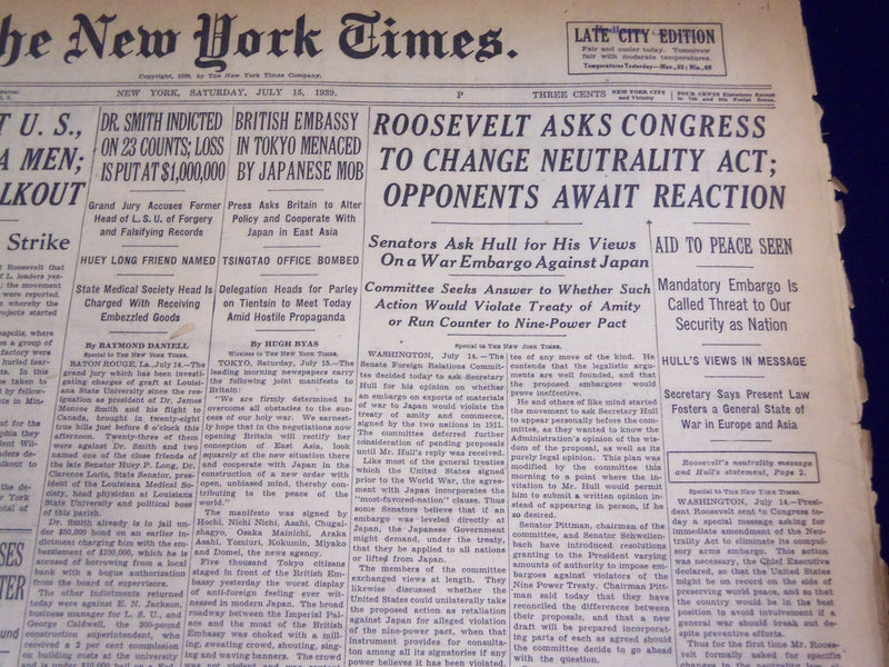 1939 JULY 15 NEW YORK TIMES - ROOSEVELT ASKS CONGRESS TO CHANGE ACT - NT 1334