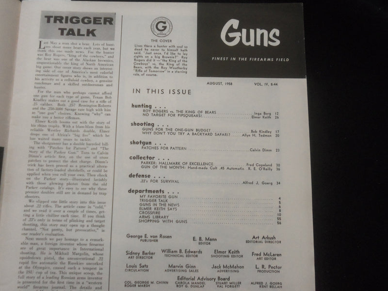 1958 AUGUST GUNS MAGAZINE - ROY ROGERS - J 7805