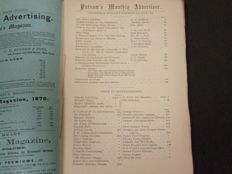 1870 PUTNAM'S MONTHLY MAGAZINE LOT OF 11 ISSUES - GREAT STORIES & ADS - WR 555