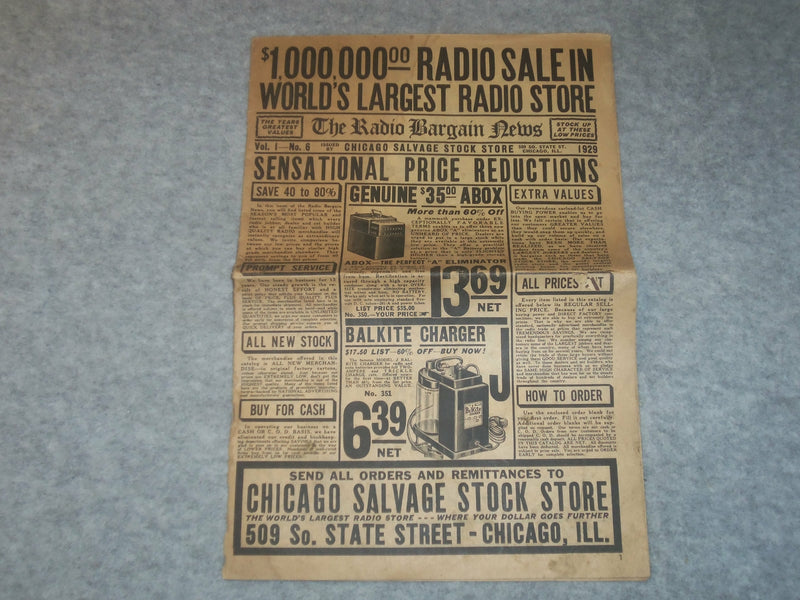 1929 THE RADIO BARGAIN NEWS - CHICAGO SALVAGE STOCK STORE CATALOGUE - J 6329