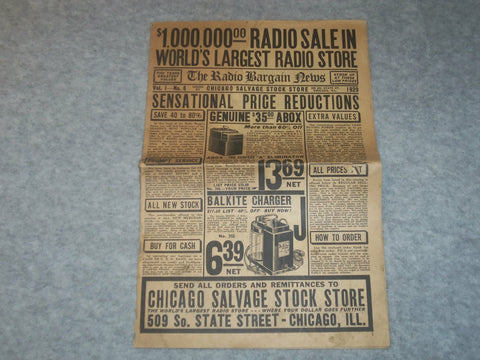 1929 THE RADIO BARGAIN NEWS - CHICAGO SALVAGE STOCK STORE CATALOGUE - J 6329