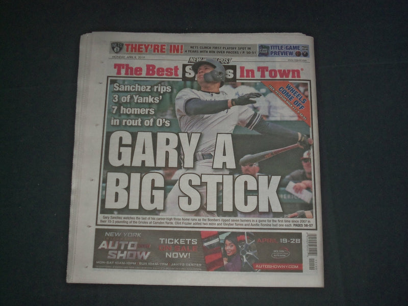 2019 APRIL 8 NEW YORK POST NEWSPAPER -NY YANKEES HIT 7 HOME RUNS, SANCHEZ HITS 3