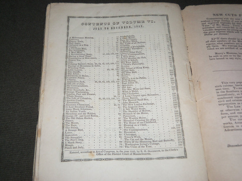 1843 DECEMBER ROBERT MERRY'S MUSEUM MAGAZINE VOLUME 6 NO. 6 - J 2814