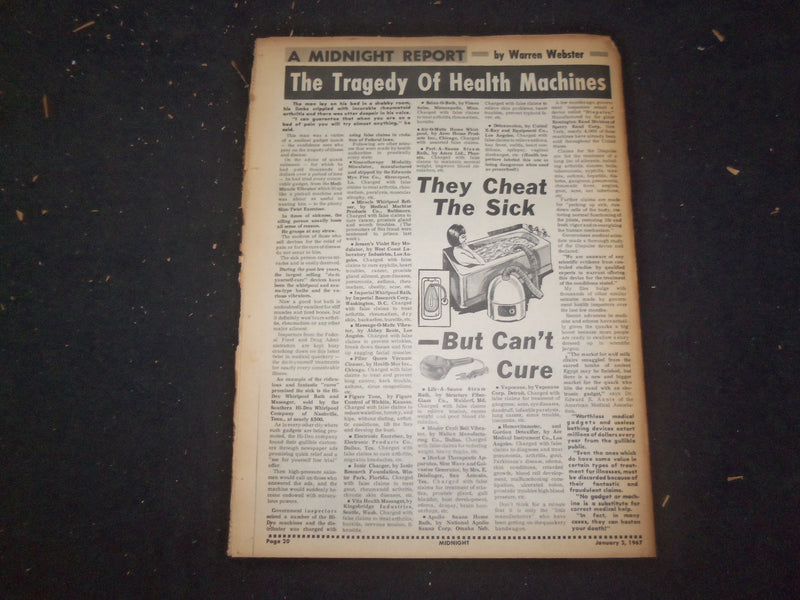 1967 JANUARY 2 MIDNIGHT NEWSPAPER - DAD ROASTS DAUGHTER'S LOVER - NP 7373