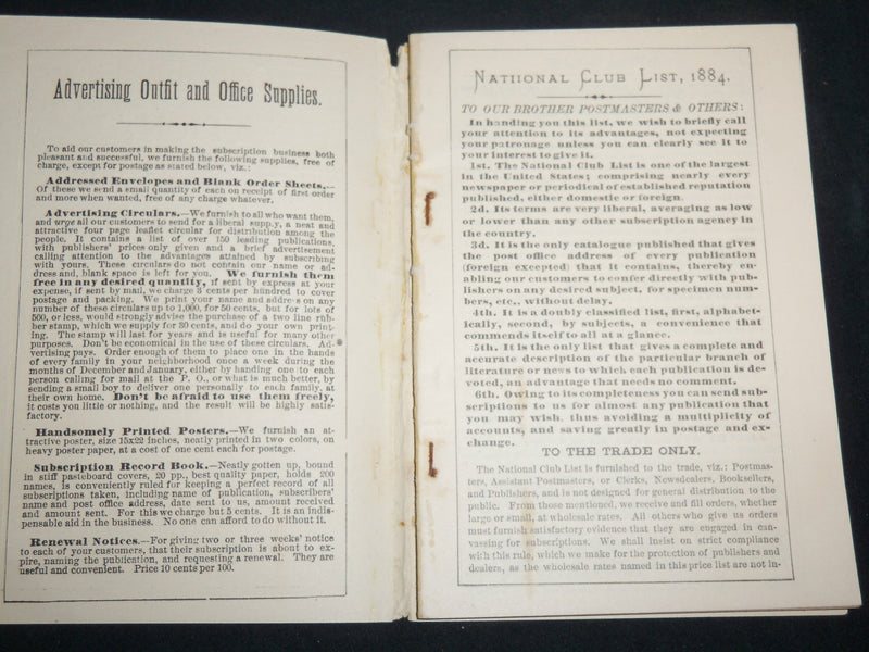 1884 NATIONAL CLUB LIST BOOK - NEWSPAPERS & MAGAZINES AT WHOLESALE RATES- J 6761