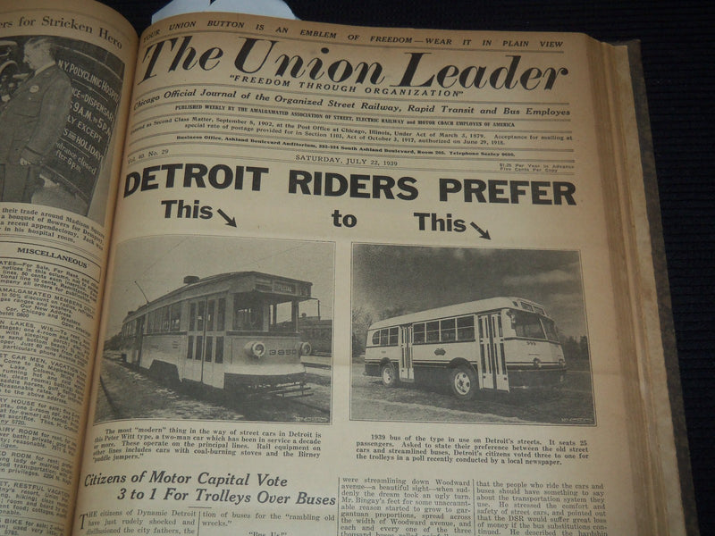 1939 THE UNION LEADER - CHICAGO RAILWAY - RAPID - BUS EMPLOYEES BOUND VOLUME