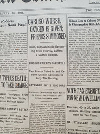 1921 FEBRUARY 16 NEW YORK TIMES - CARUSO WORSENS, OXYGEN IS GIVEN - NT 8125