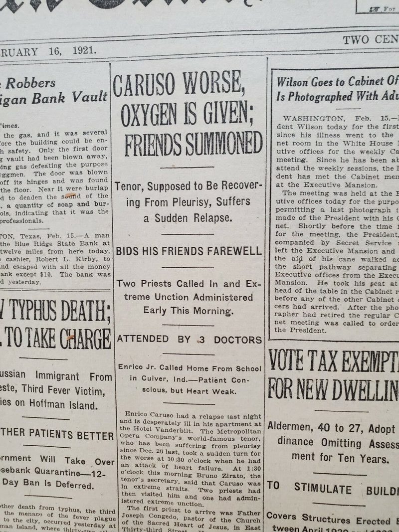 1921 FEBRUARY 16 NEW YORK TIMES - CARUSO WORSENS, OXYGEN IS GIVEN - NT 8125