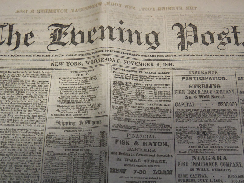 1864 NOVEMBER 9 THE EVENING POST NEWSPAPER - LINCOLN ELECTED - ATLANTA- NP 4252J