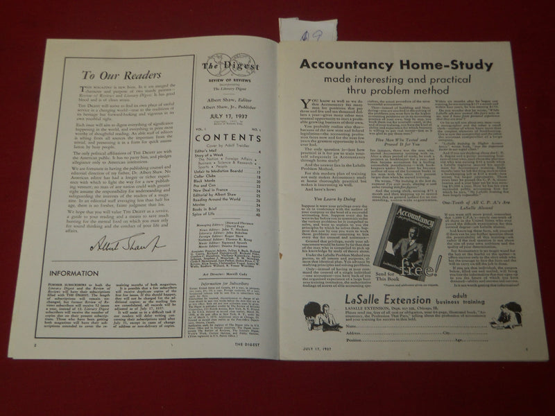 1937 JULY 17 LITERARY DIGEST MAGAZINE-REVIEW OF REVIEWS COMBINED ISSUE - SP 3214