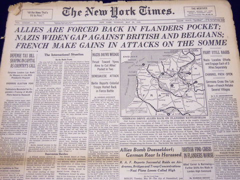 1940 MAY 28 NEW YORK TIMES - ALLIES ARE FORCED BACK IN FLANDERS POCKET - NT 201