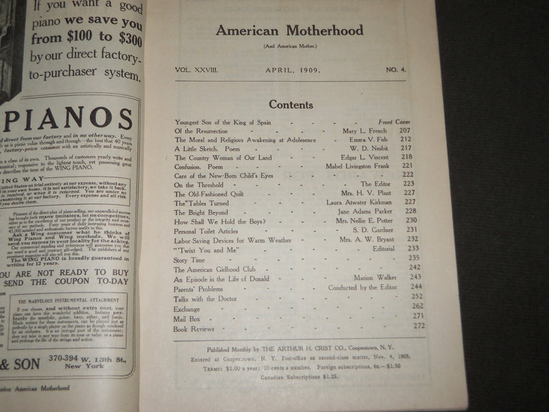 1909 APRIL AMERICAN MOTHERHOOD MAGAZINE - THE ARTHUR H. CRIST - J 3377