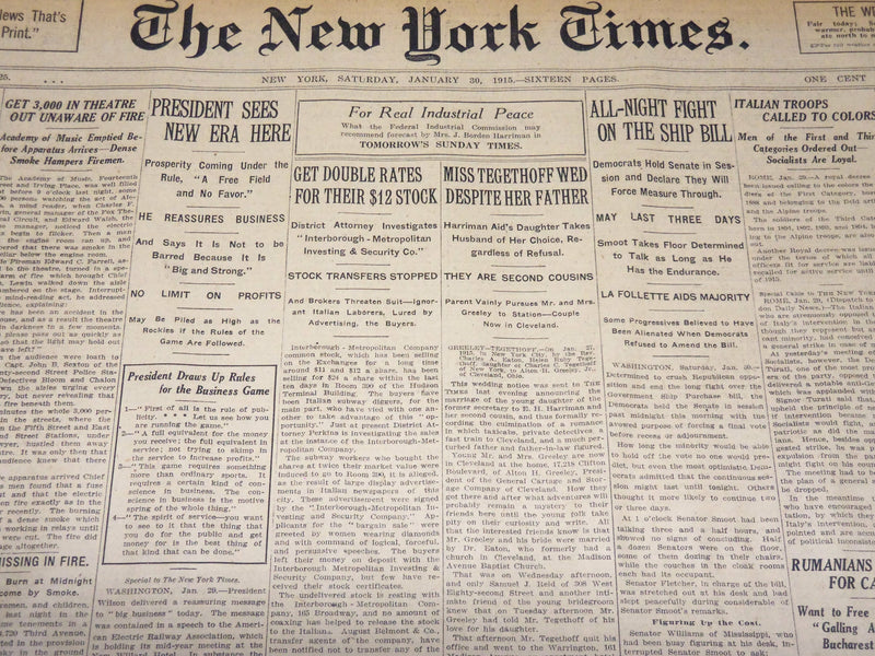 1915 JANUARY 30 NEW YORK TIMES - PRESIDENT SEES NEW ERA HERE - NT 7826