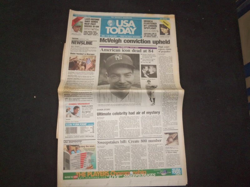 1999 MARCH 9 USA TODAY NEWSPAPER - JOE DIMAGGIO DEAD 1914-1999 - NP 8009