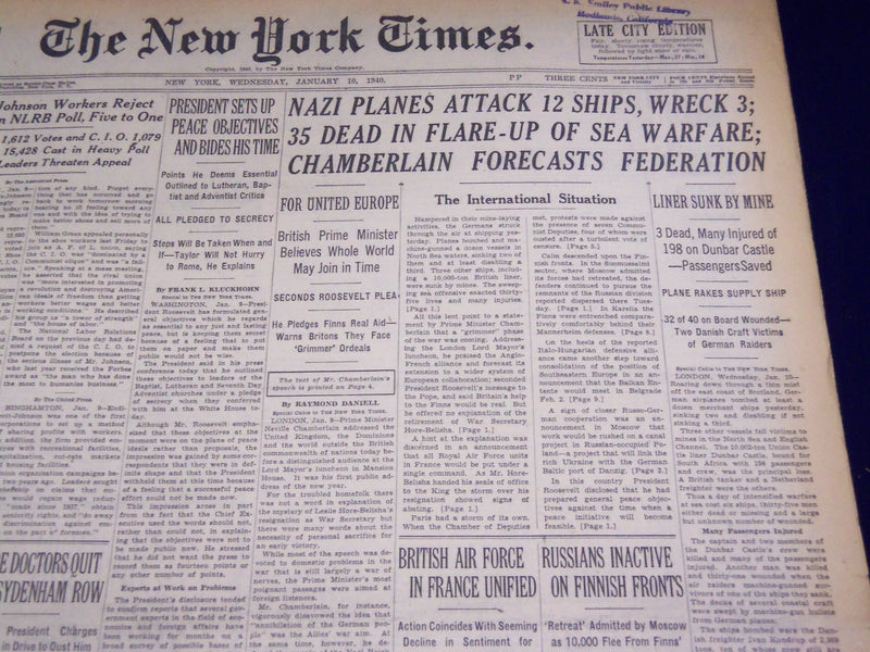 1940 JANUARY 10 NEW YORK TIMES - DUNBAR CASTLE SUNK - NT 2677