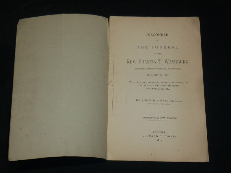 1874 DISCOURSE AT THE FUNERAL OF REV. FRANCIS TUCKER WASHBURN - J 6081