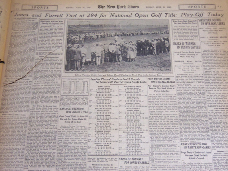 1928 JUNE 24 NY TIMES SPORTS - JONES IN TIE FOR NATIONAL OPEN TITLE - NT 7072