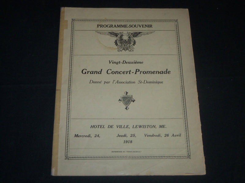 1918 GRAND CONCERT ST. DOMINIQUE PROGRAMME MAGAZINE - LEWISTON, ME - B 6578