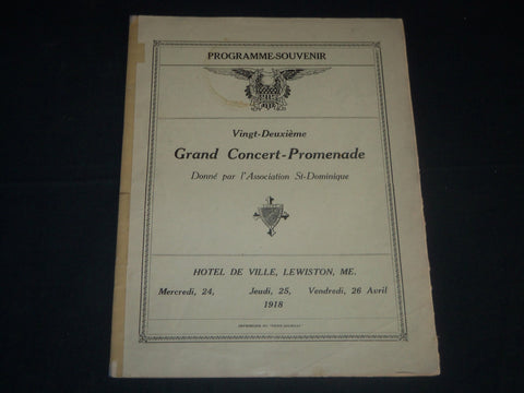 1918 GRAND CONCERT ST. DOMINIQUE PROGRAMME MAGAZINE - LEWISTON, ME - B 6578