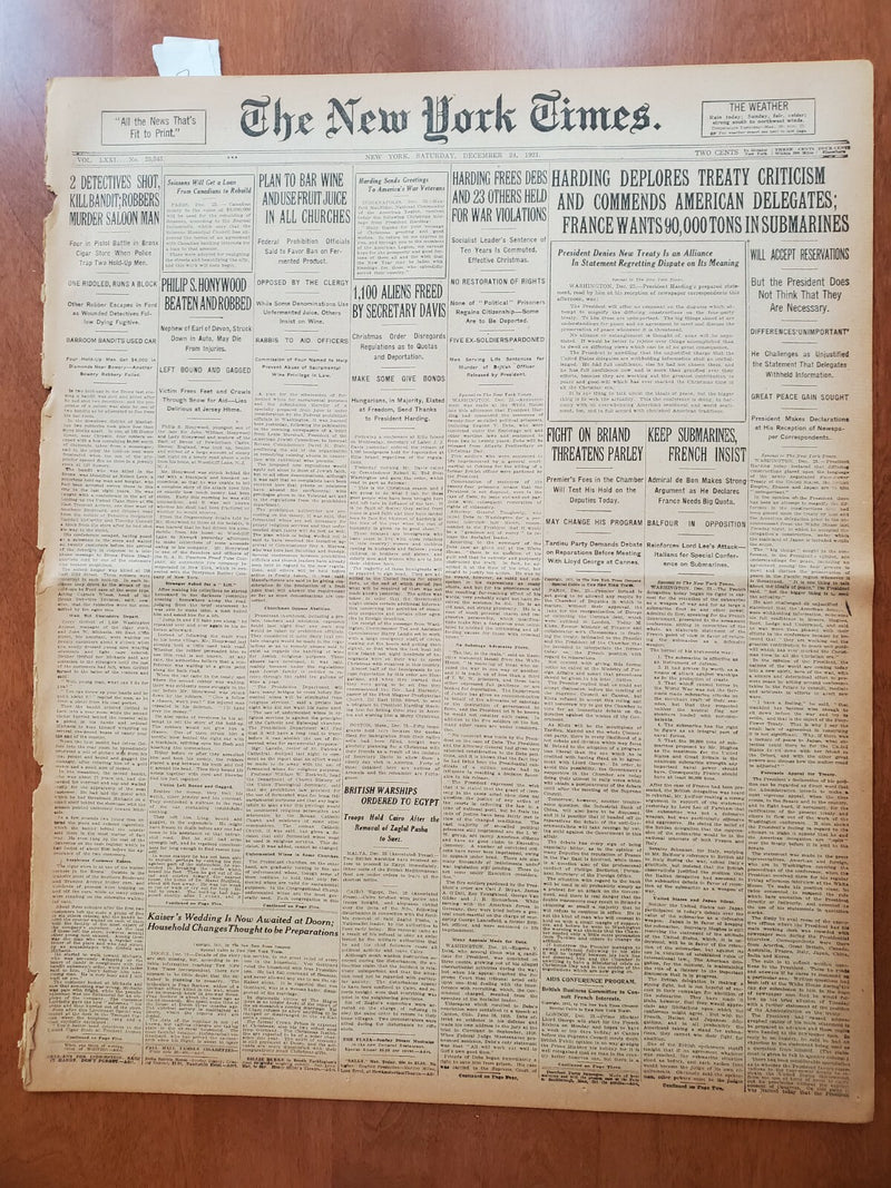 1921 DECEMBER 24 NEW YORK TIMES - HARDING FREES DEBS AND 23 OTHERS - NT 8049