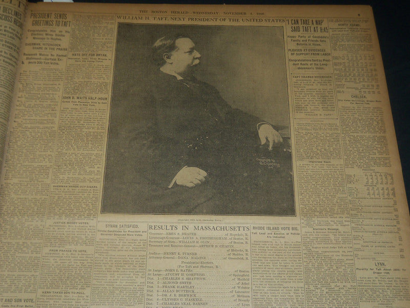 1908 NOV 4 THE BOSTON HERALD - JUDGE TAFT WINS WITH 319 VOTES - BH 241