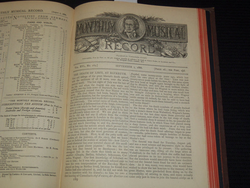 1886 THE MONTHLY MUSICAL RECORD BOUND VOLUME #16 - LISZT DEATH - KD 7462G