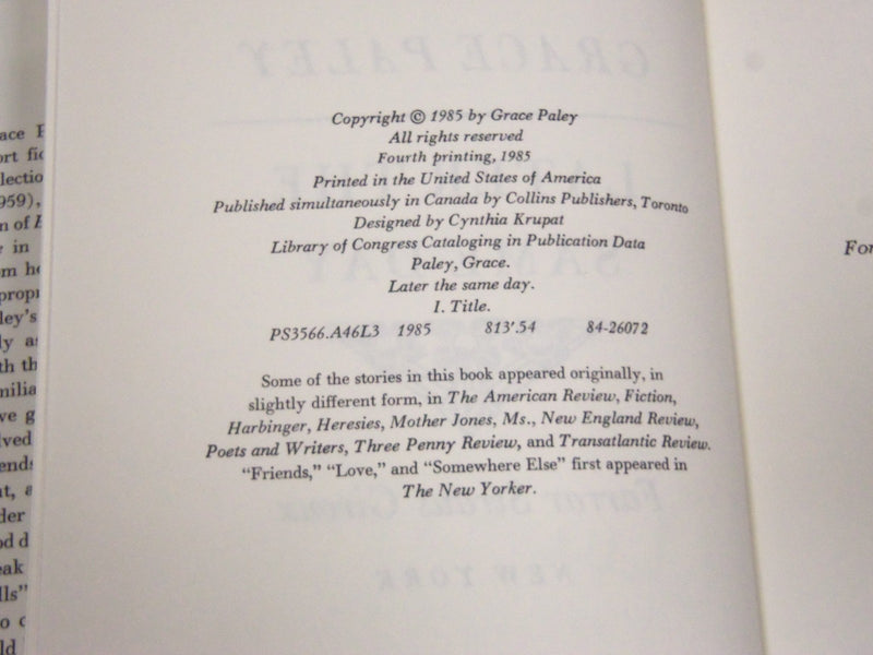 1985 LATER THE SAME DAY BY GRACE PALEY SIGNED BY AUTHOR 4TH PRINTING - KD 5794