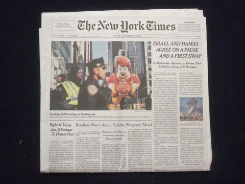 2023 NOVEMBER 24 NEW YORK TIMES - ISRAEL AND HAMAS AGREE ON PAUSE AND FIRST SWAP
