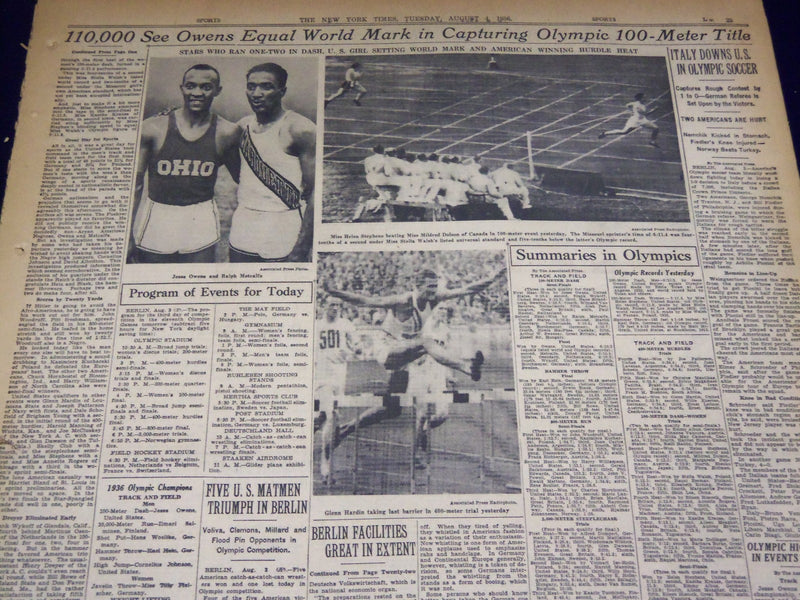 1935 AUG 4 NEW YORK TIMES - OWENS EQUALS WORLD 100 METER RECORD - NT 1932