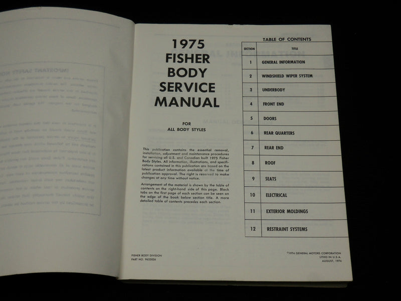 1975 FISHER BODY SERVICE SOFTCOVER CAR MANUAL - 12 SECTIONS - R 726H