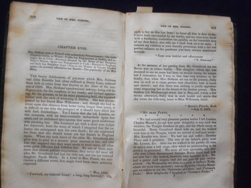 1834 LIFE OF MRS. SIDDONS HARDCOVER BOOK BY THOMAS CAMPBELL - KD 8648