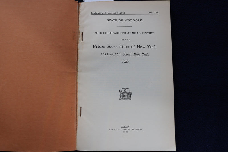 1930 PRISON ASSOCIATION OF NEW YORK ANNUAL REPORT SOFTCOVER BOOK BY - K 850