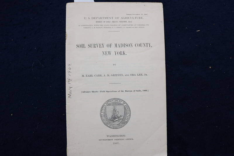 1907 SOIL SURVEY OF MADISON COUNT, NEW YORK SOFTCOVER BOOKLET - K 999