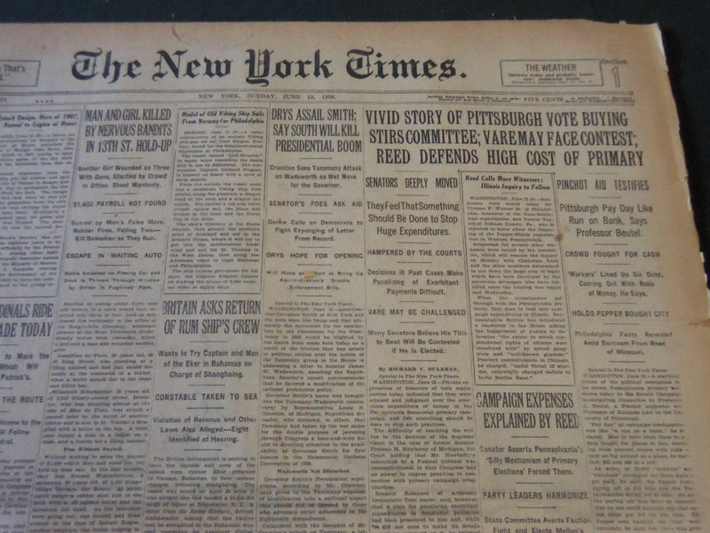 1926 JUNE 13 NEW YORK TIMES - VIVID STORY OF PITTSBURGH VOTE BUYING - NT 5562