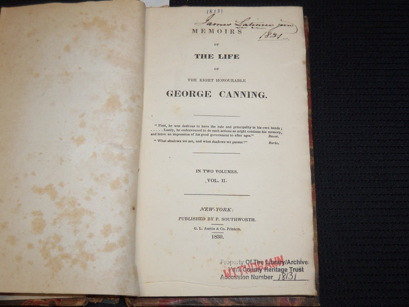 1830 MEMOIRS OF THE LIFE OF GEORGE CANNING VOLUME 1 & 2 - KD 703S