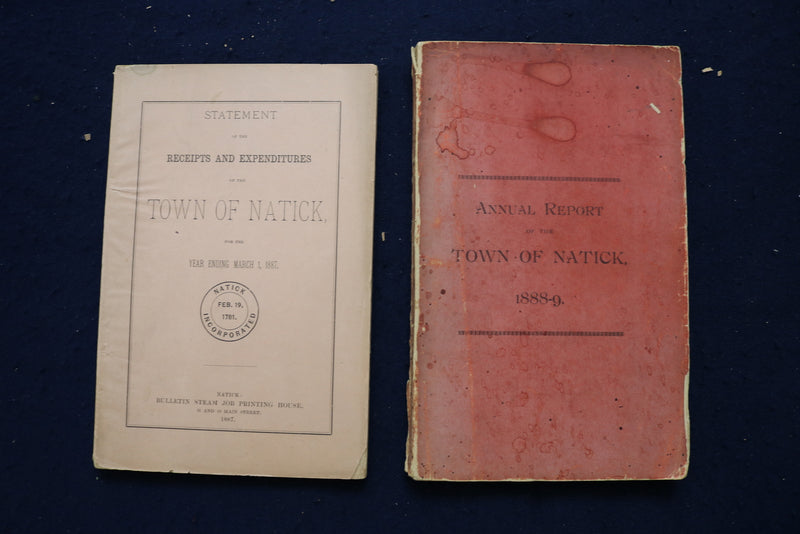 1859-1889 TOWN OF NATICK RECEIPTS AND EXPENDITURE REPORTS - LOT OF 24 - O 3393