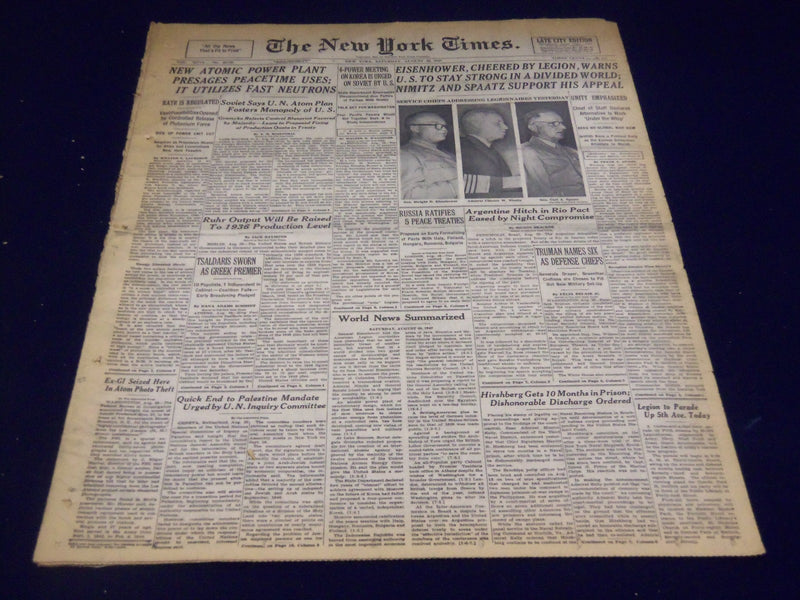 1947 AUG 30 NEW YORK TIMES - EISENHOWER CHEERED, NIMITZ & SPAATZ - NT 1421