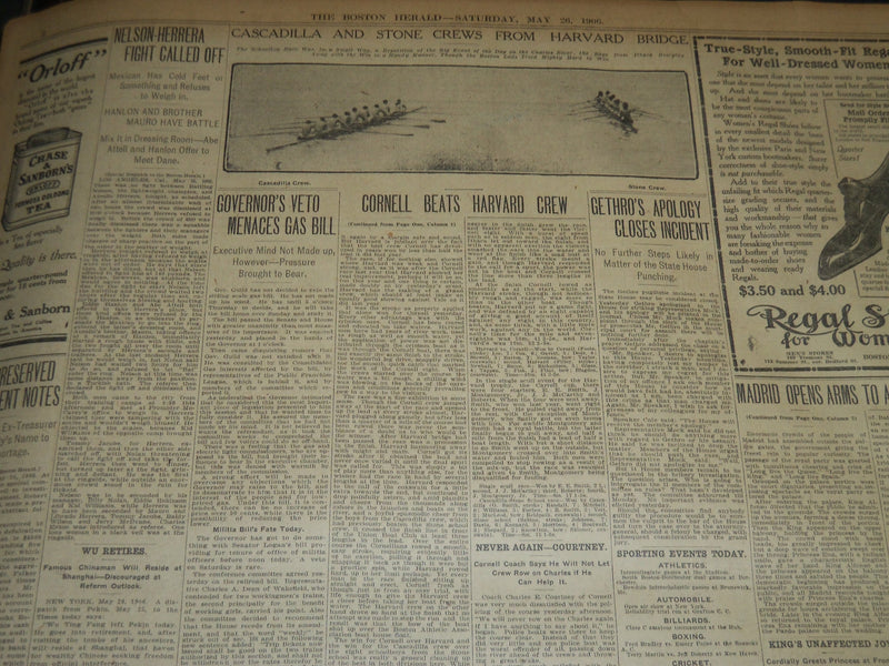 1906 MAY 26 THE BOSTON HERALD - CORNELL BEATS HARVARD CREW BY 3 LENGTHS - BH 292