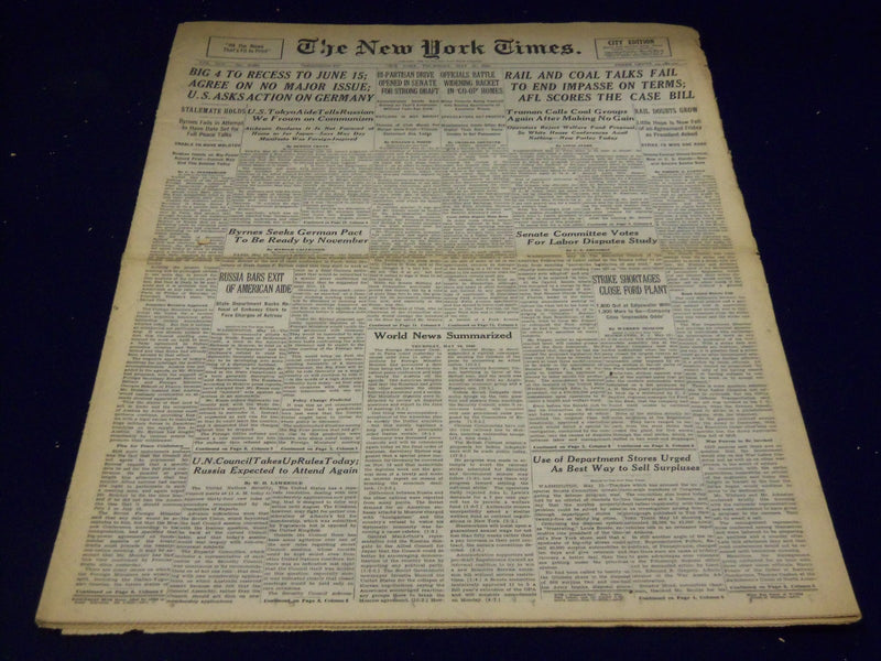 1946 MAY 16 NEW YORK TIMES - U. S. ASKS ACTION ON GERMANY - NT 2968
