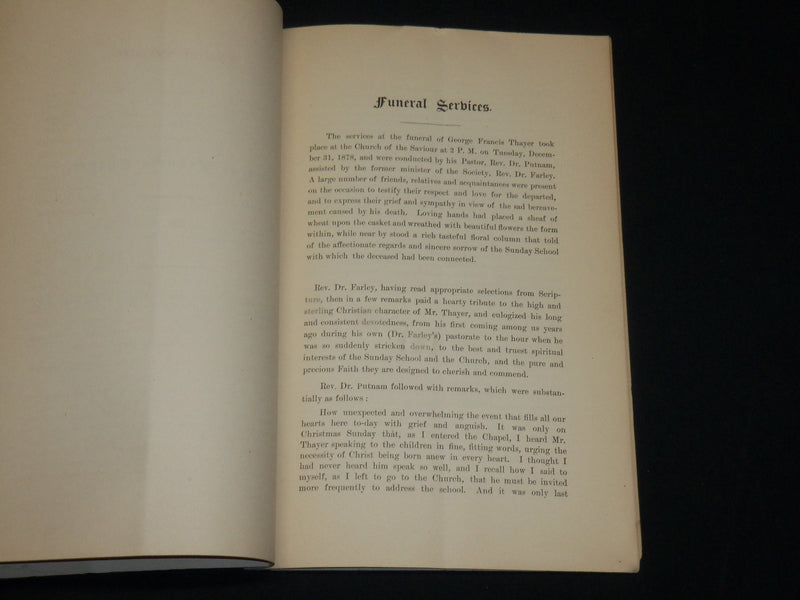 1878 GEORGE FANCIS THAYER FUNERAL SERVICE SERMON BY A. P. PUTNAM - J 6077