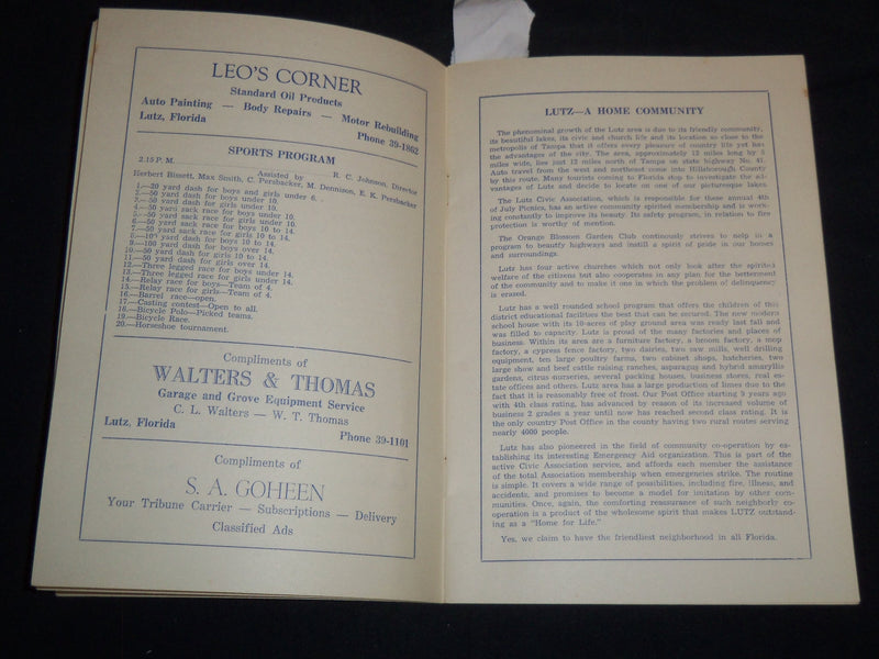 1949 LUTZ FLORIDA 4TH OF JULY THIRD ANNUAL FIELD DAY PROGRAM - J 8502