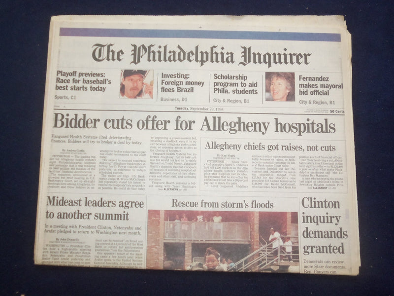 1998 SEP 29 PHILADELPHIA INQUIRER-BIDDER CUTS OFFER ALLEGHENY HOSPITALS- NP 7168