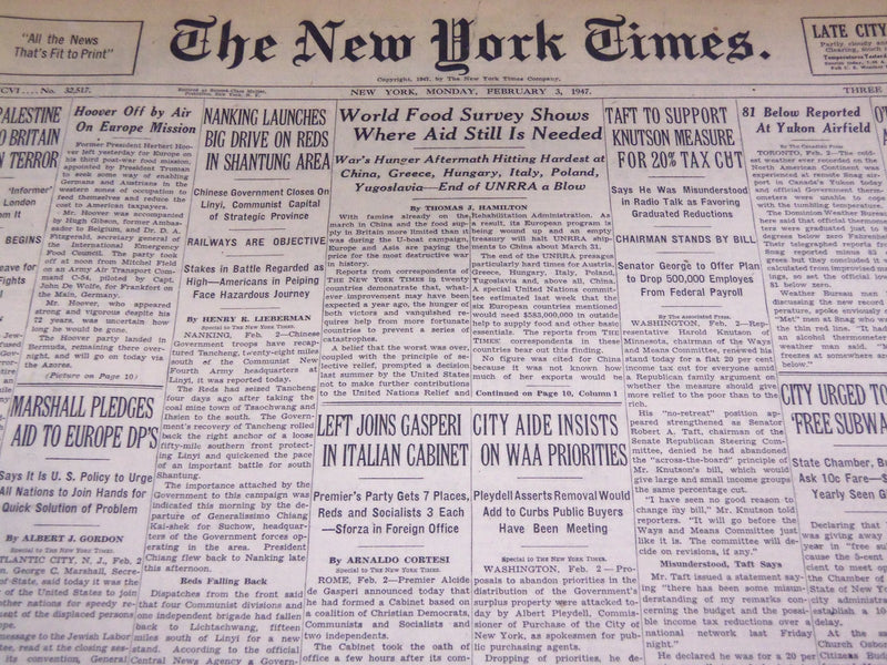 1947 FEBRUARY 3 NEW YORK TIMES - LEFT JOINS GASPERI - NT 3289